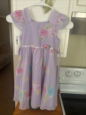 George Lavender Floral Chiffon Dress with Pink and Blue Accents